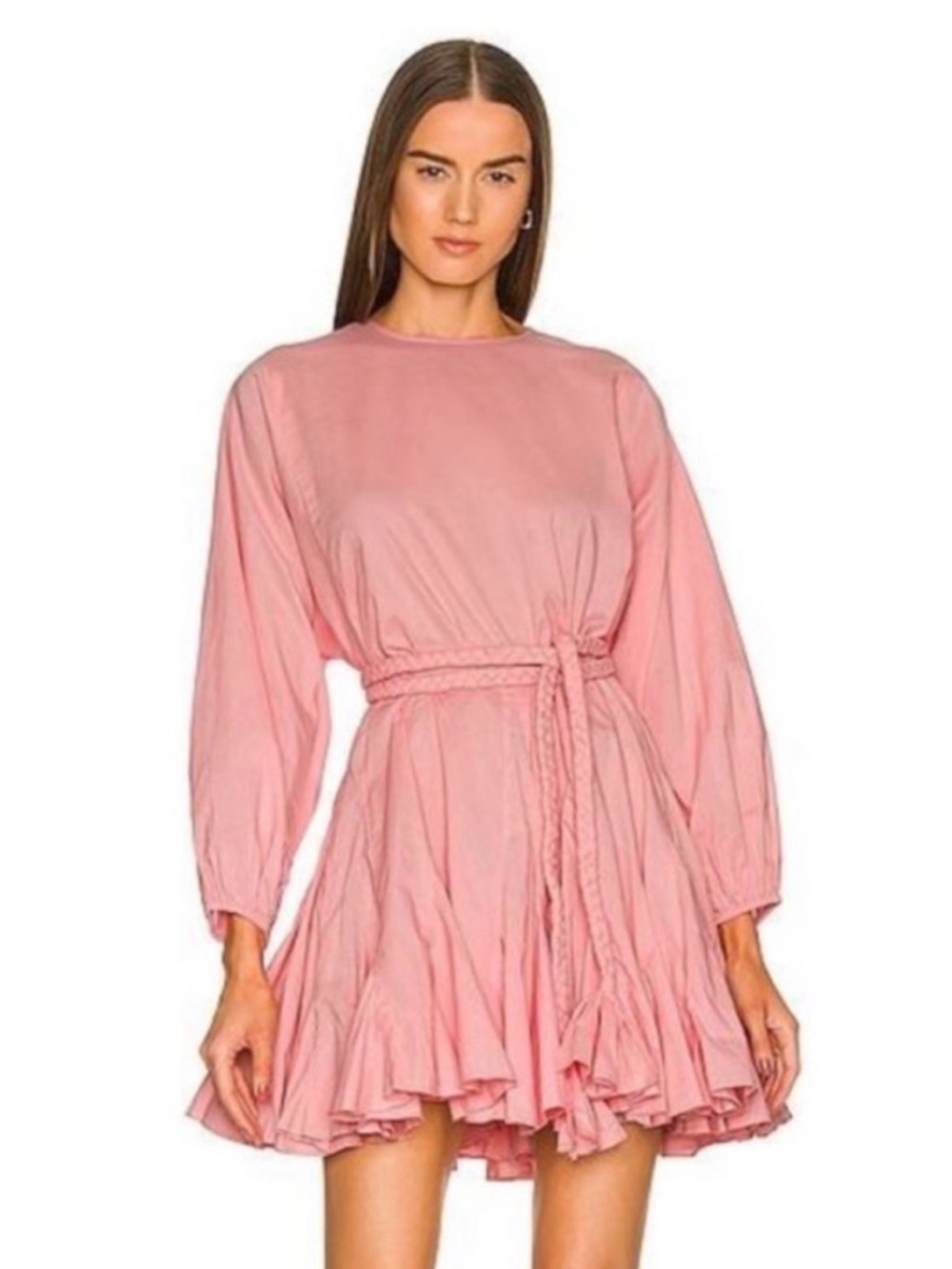RHODE Peachy Pink Long-Sleeve Braided-Waist Ruffle Mini Dress